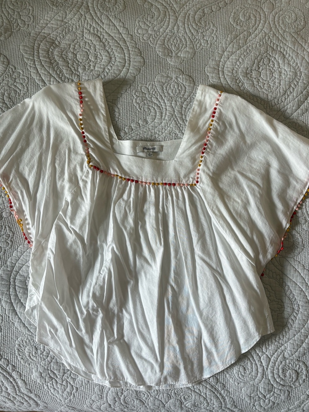 Madewell White Square-Neck Peasant Top with Multicolor Trim
